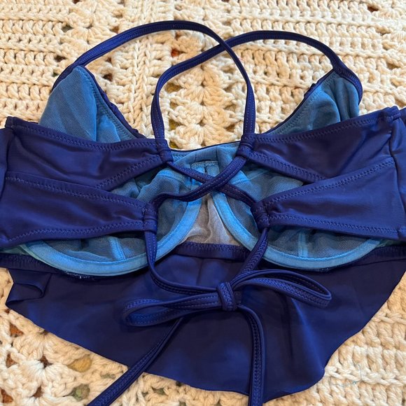 Profile Blush Triangle Ruffle Navy Blue Bikini Top Size Medium F-Cup - Picture 4 of 9